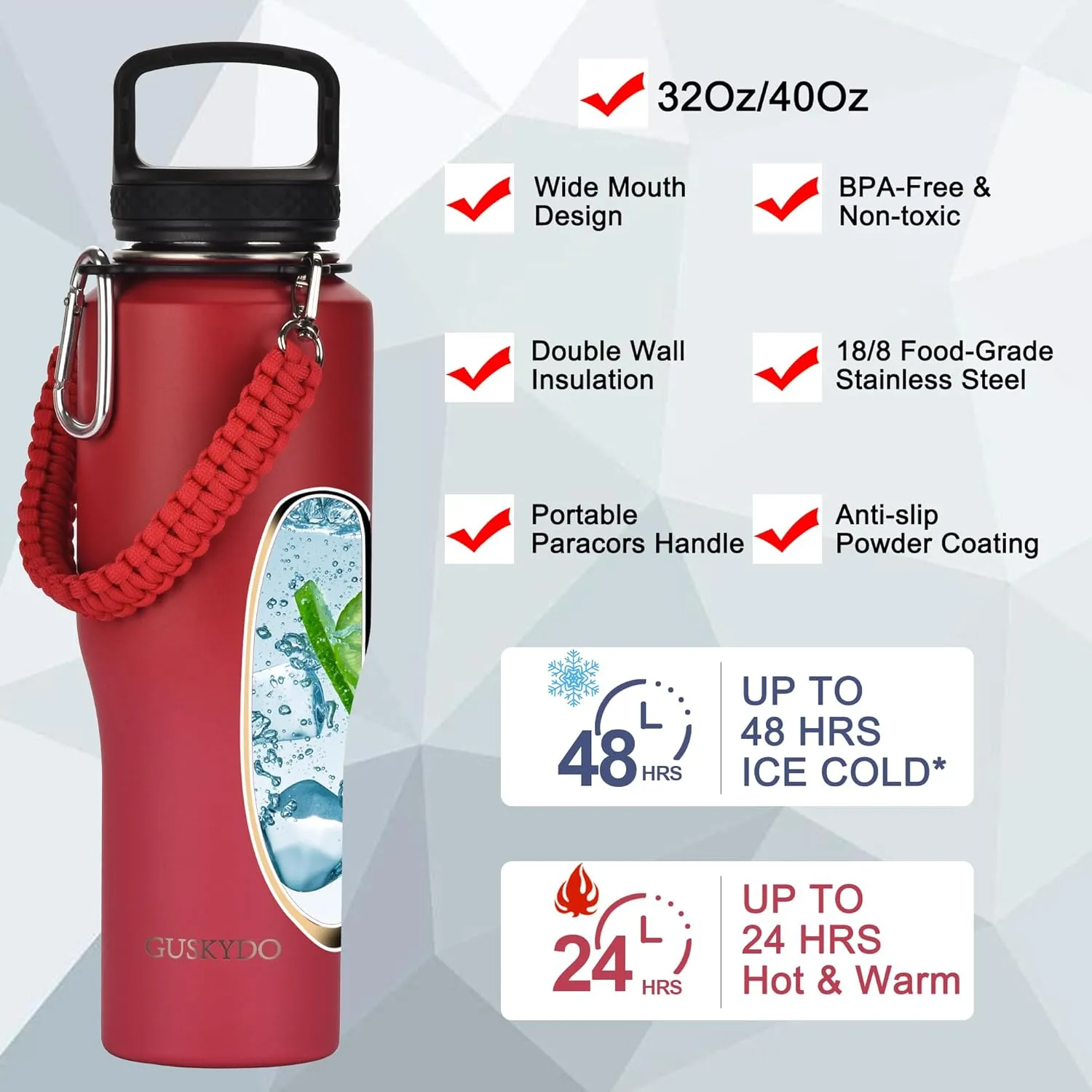 32 oz Insulated Water Bottle with Paracord Handles &Strap, Double Wall Metal Stainless Steel Tumbler Travel Flask with Straw Lid and Spout Lid, Fits in Any Car Cup Holders Keep Cold Hot 24 Hrs
