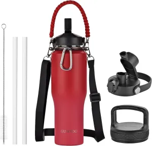 32 oz Insulated Water Bottle with Paracord Handles &Strap, Double Wall Metal Stainless Steel Tumbler Travel Flask with Straw Lid and Spout Lid, Fits in Any Car Cup Holders Keep Cold Hot 24 Hrs