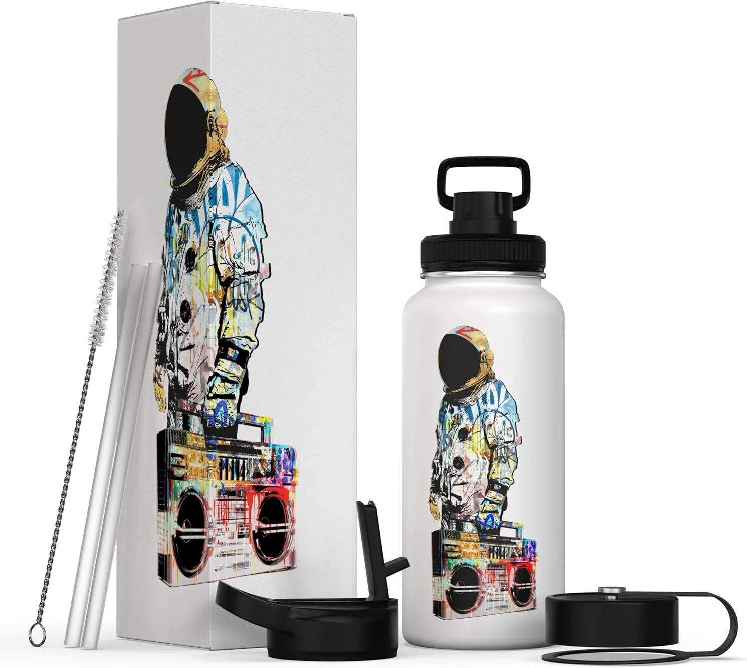 32 oz Insulated Water Bottle with Straw, Chug & Cap Lids - Drink In Style with Stainless Steel Water Bottles for Sports, Gym & Travel - Premium Double Walled Thermos Flask - Vibe City (White)
