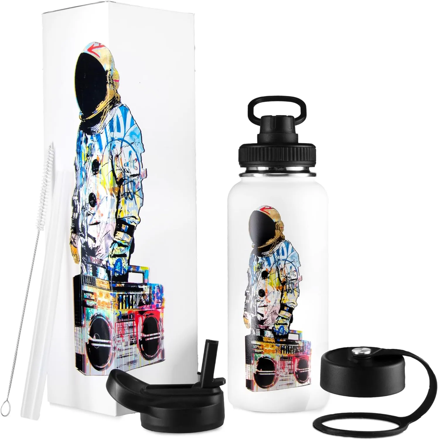 32 oz Insulated Water Bottle with Straw, Chug & Cap Lids - Drink In Style with Stainless Steel Water Bottles for Sports, Gym & Travel - Premium Double Walled Thermos Flask - Vibe City (White)