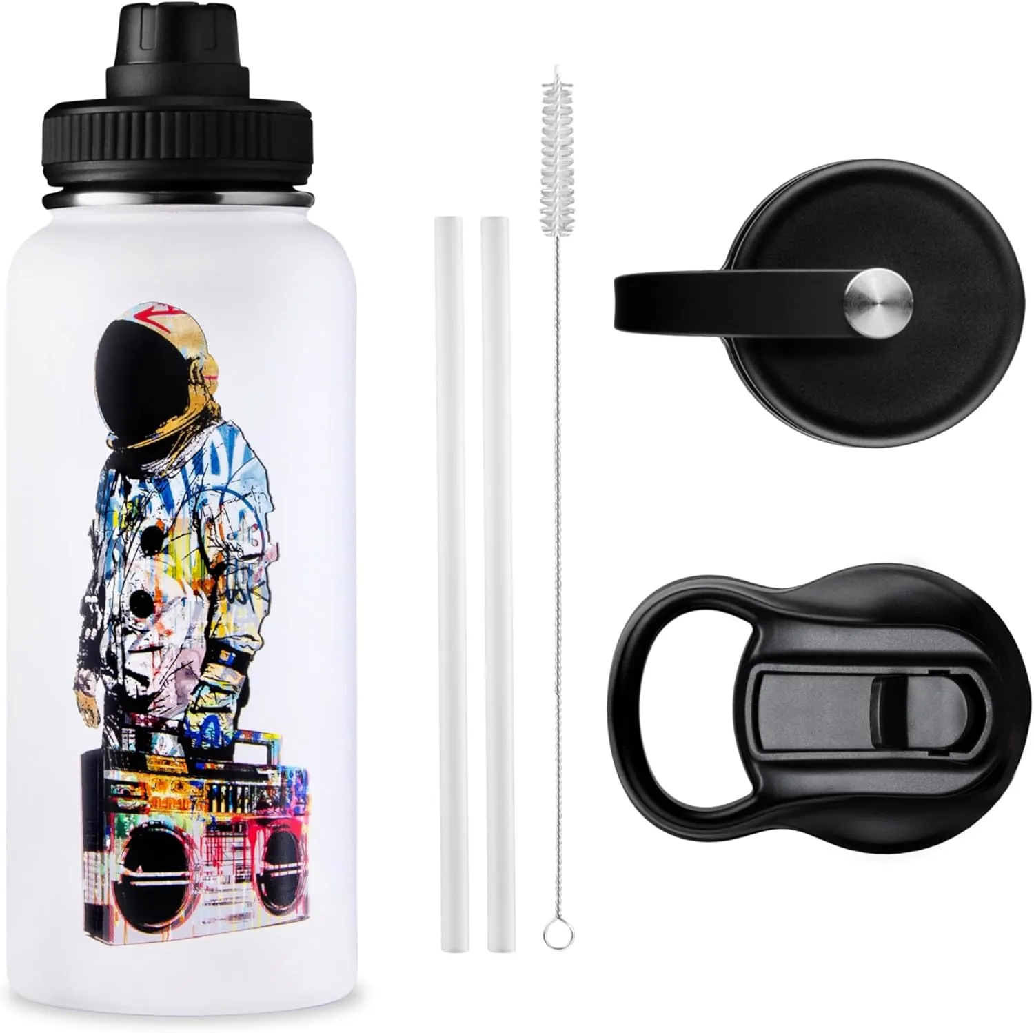 32 oz Insulated Water Bottle with Straw, Chug & Cap Lids - Drink In Style with Stainless Steel Water Bottles for Sports, Gym & Travel - Premium Double Walled Thermos Flask - Vibe City (White)