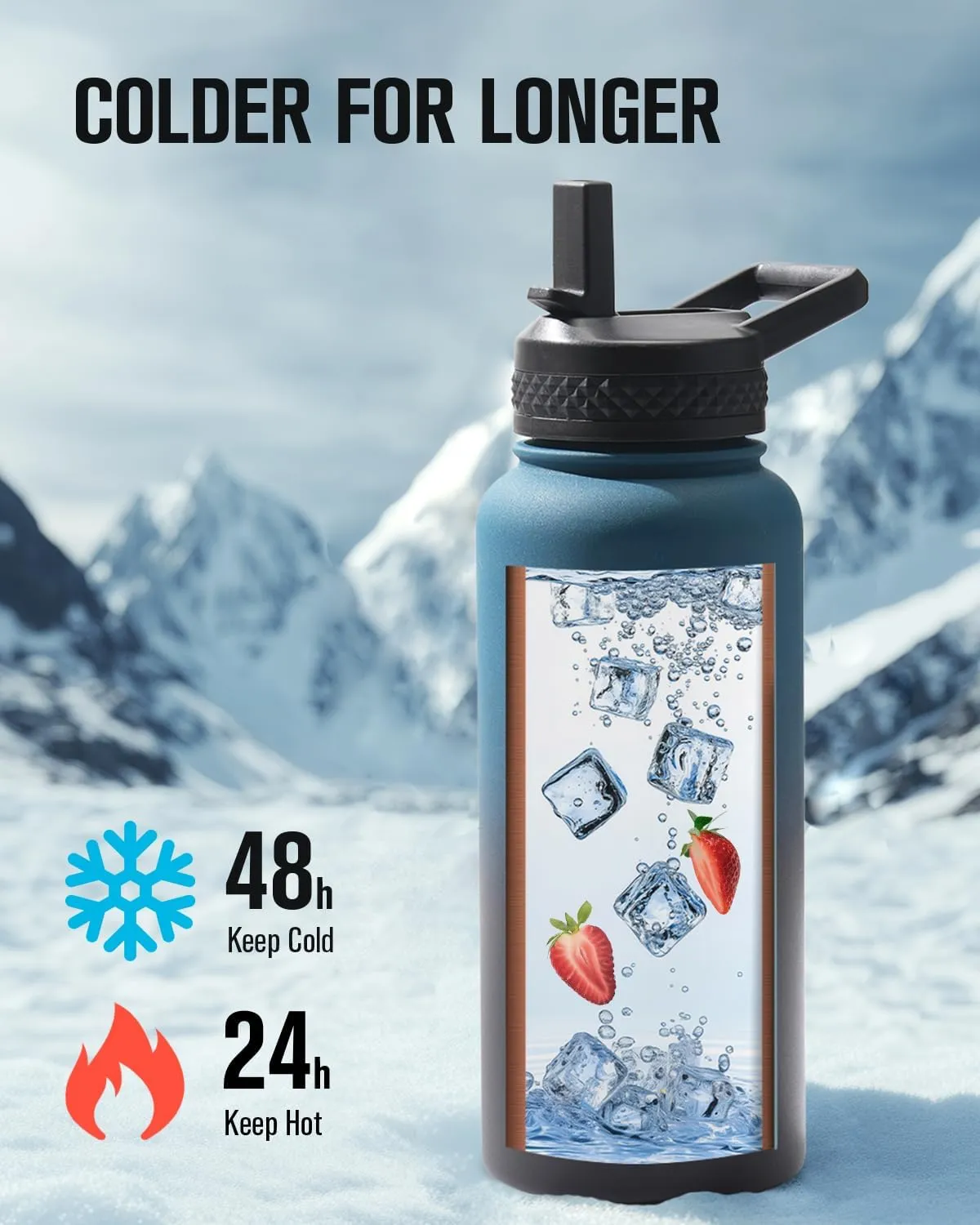 32 oz Water Bottle Insulated, Coolplus Stainless Steel Water Flask With Straw Metal Double-Walled Vacuum With Carry Sleeve Leakproof, Keep Cold 48 Hrs Hot 24hrs, Blue Black
