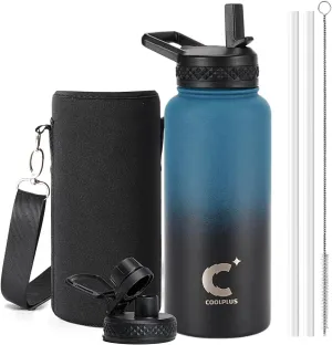 32 oz Water Bottle Insulated, Coolplus Stainless Steel Water Flask With Straw Metal Double-Walled Vacuum With Carry Sleeve Leakproof, Keep Cold 48 Hrs Hot 24hrs, Blue Black