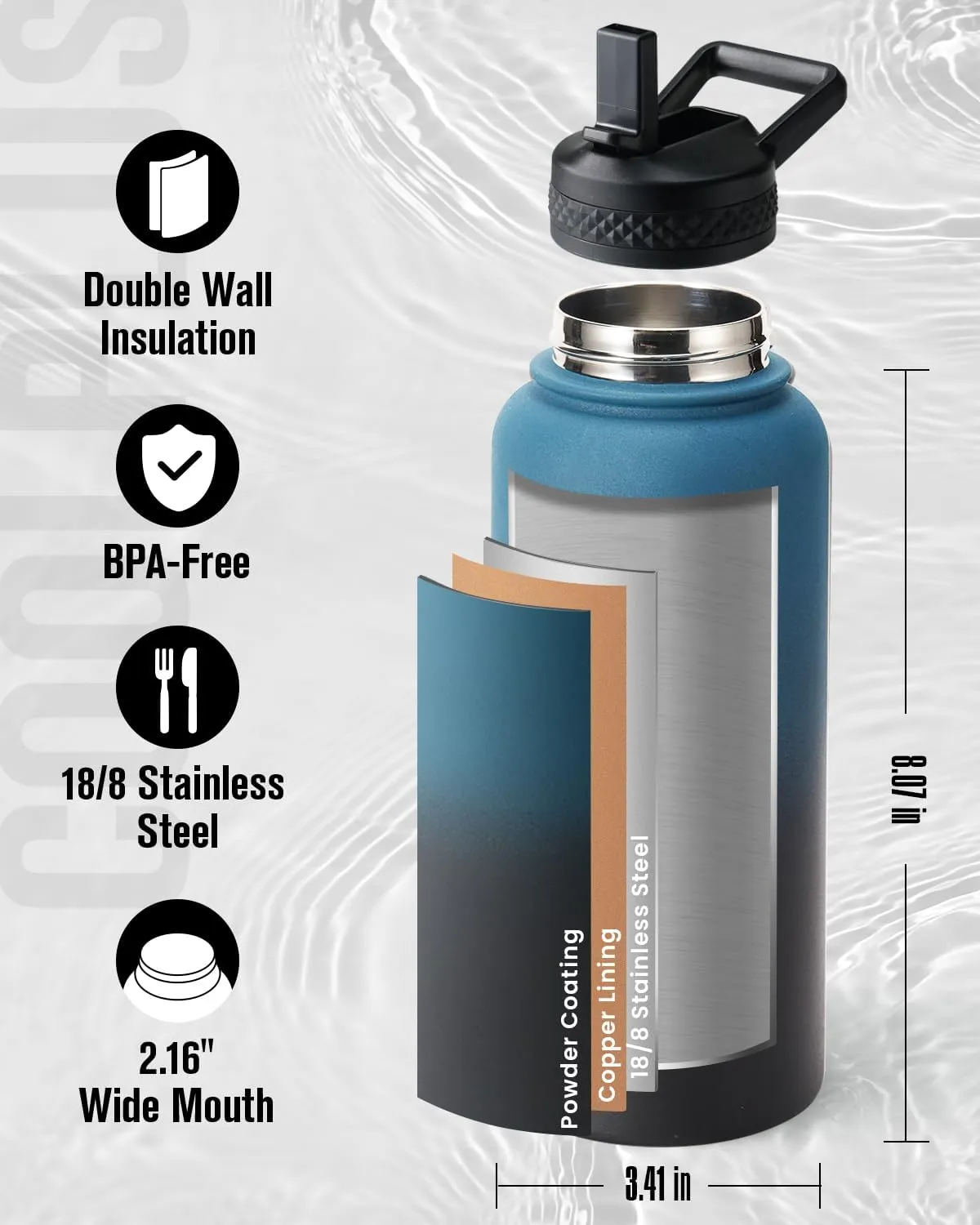 32 oz Water Bottle Insulated, Coolplus Stainless Steel Water Flask With Straw Metal Double-Walled Vacuum With Carry Sleeve Leakproof, Keep Cold 48 Hrs Hot 24hrs, Blue Black