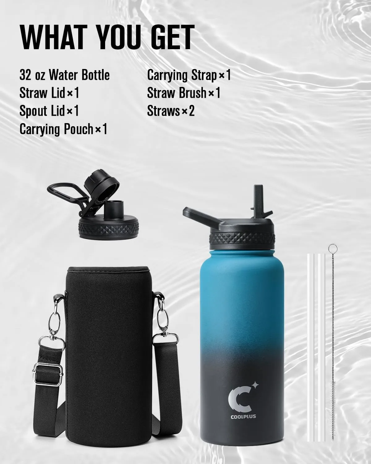 32 oz Water Bottle Insulated, Coolplus Stainless Steel Water Flask With Straw Metal Double-Walled Vacuum With Carry Sleeve Leakproof, Keep Cold 48 Hrs Hot 24hrs, Blue Black
