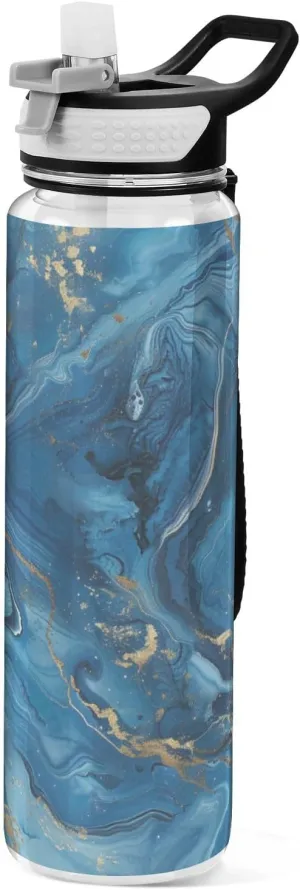 32oz Blue Gilded Marble Water Bottle with Handle Tritan BPA Free non toxic Water Jugs for Drinking for Fitness Collapsible