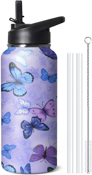 32oz Butterfly Water Bottle with Handle and Flip Straw, Floral Sports Stainless Steel Insulated Cup, Travel Coffee Mug Tumbler, Birthday Mothers Day Chritmas Gifts for Women Animal Lovers