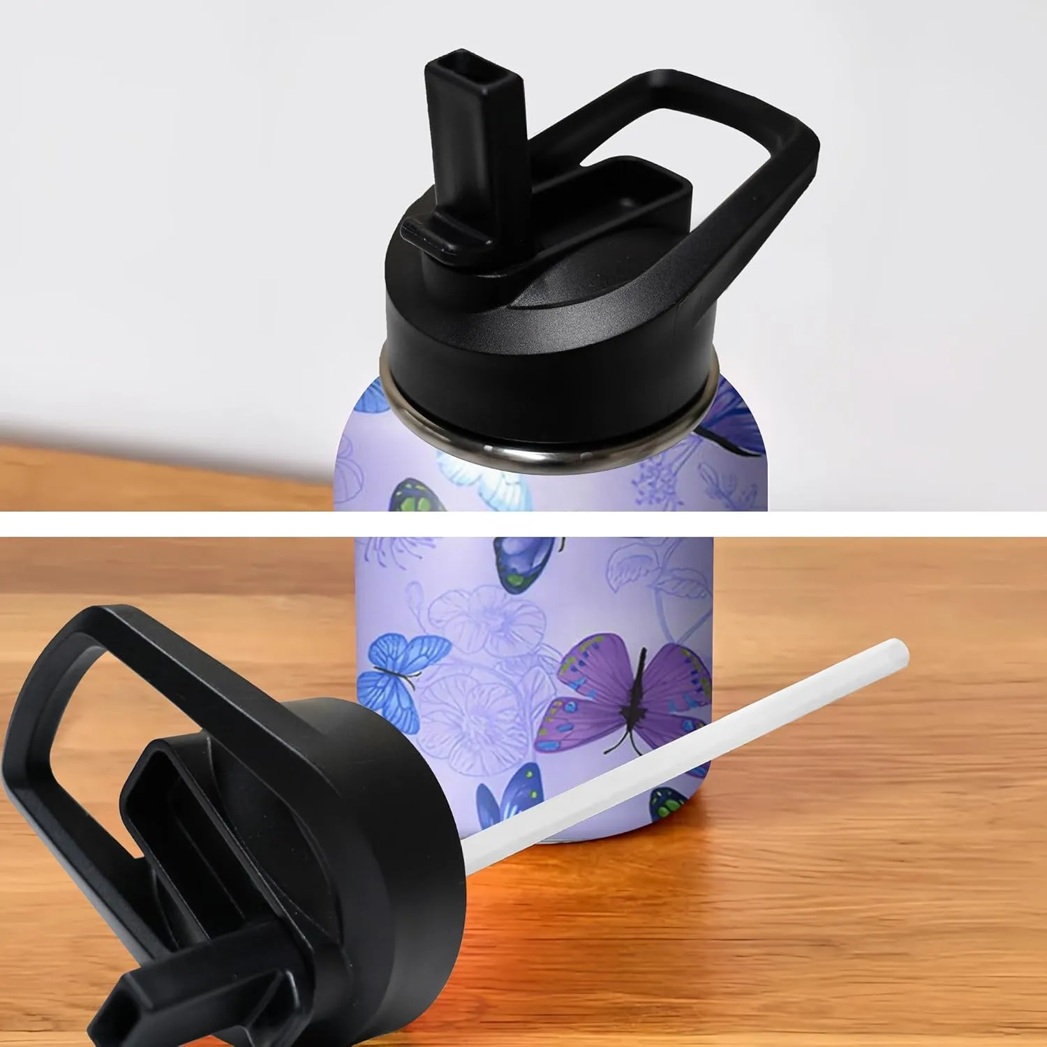 32oz Butterfly Water Bottle with Handle and Flip Straw, Floral Sports Stainless Steel Insulated Cup, Travel Coffee Mug Tumbler, Birthday Mothers Day Chritmas Gifts for Women Animal Lovers