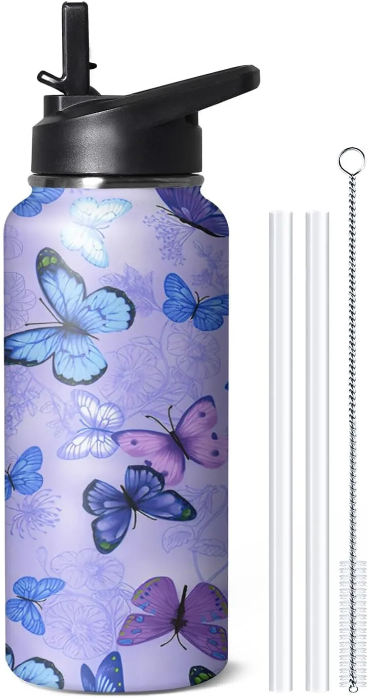 32oz Butterfly Water Bottle with Handle and Flip Straw, Floral Sports Stainless Steel Insulated Cup, Travel Coffee Mug Tumbler, Birthday Mothers Day Chritmas Gifts for Women Animal Lovers