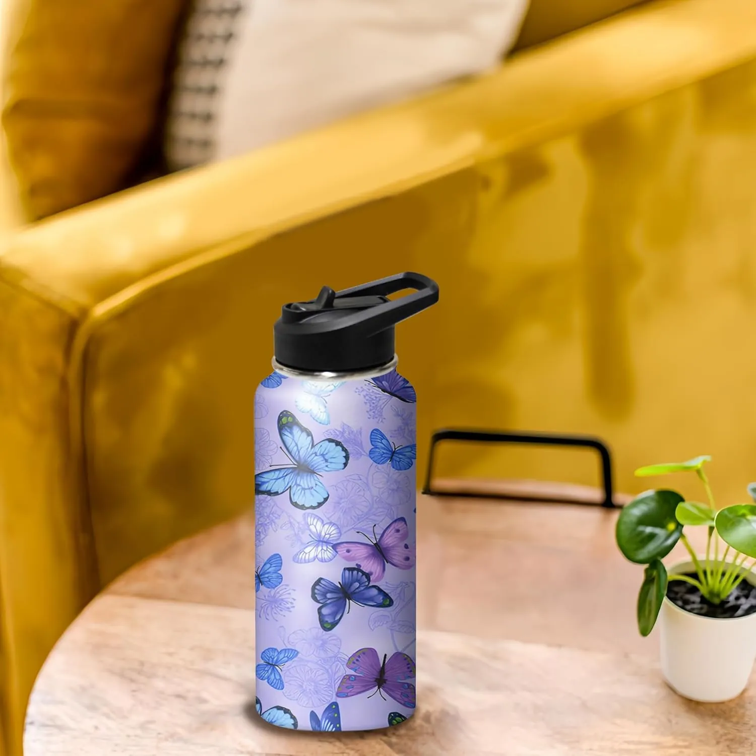 32oz Butterfly Water Bottle with Handle and Flip Straw, Floral Sports Stainless Steel Insulated Cup, Travel Coffee Mug Tumbler, Birthday Mothers Day Chritmas Gifts for Women Animal Lovers