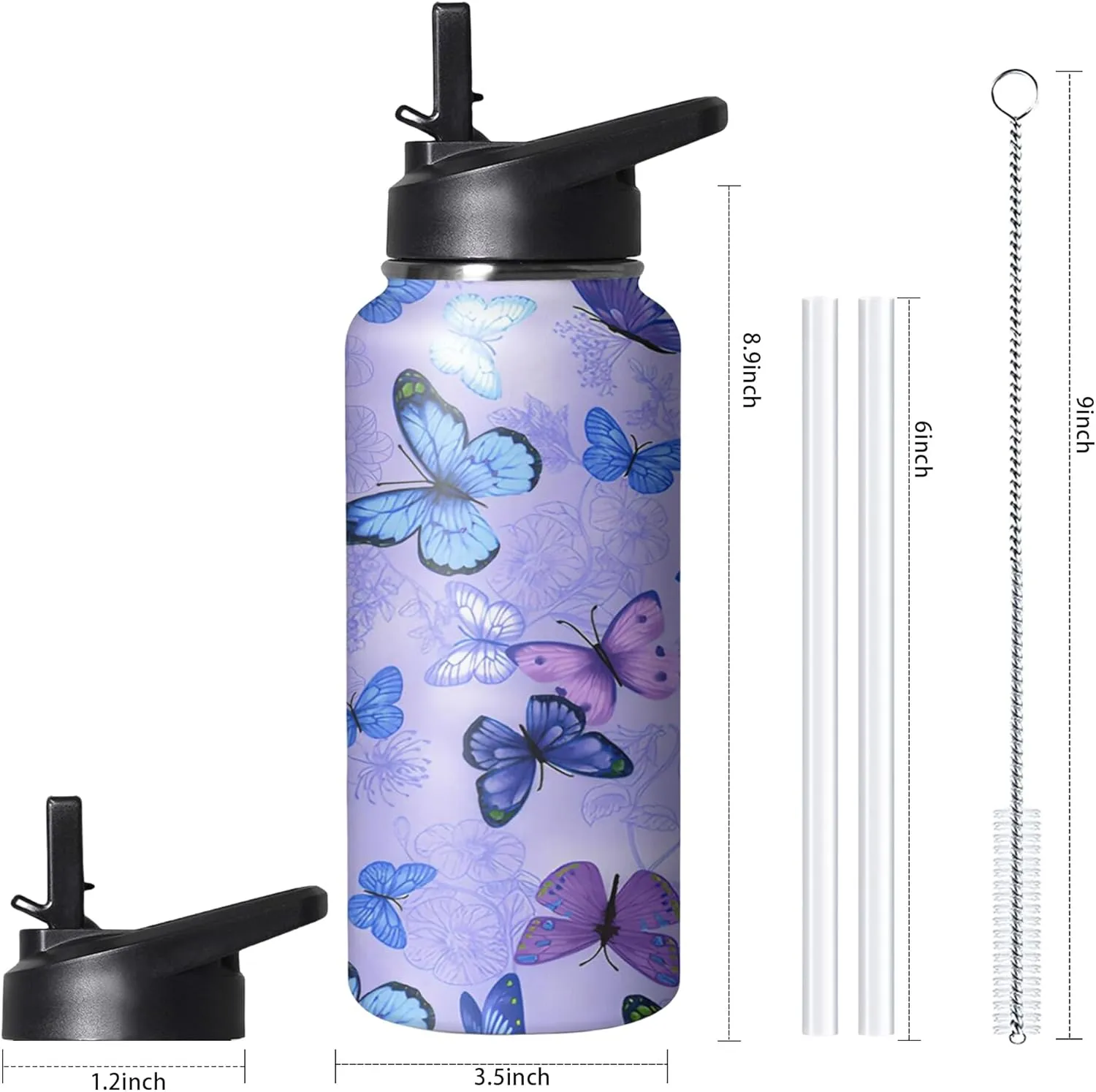 32oz Butterfly Water Bottle with Handle and Flip Straw, Floral Sports Stainless Steel Insulated Cup, Travel Coffee Mug Tumbler, Birthday Mothers Day Chritmas Gifts for Women Animal Lovers