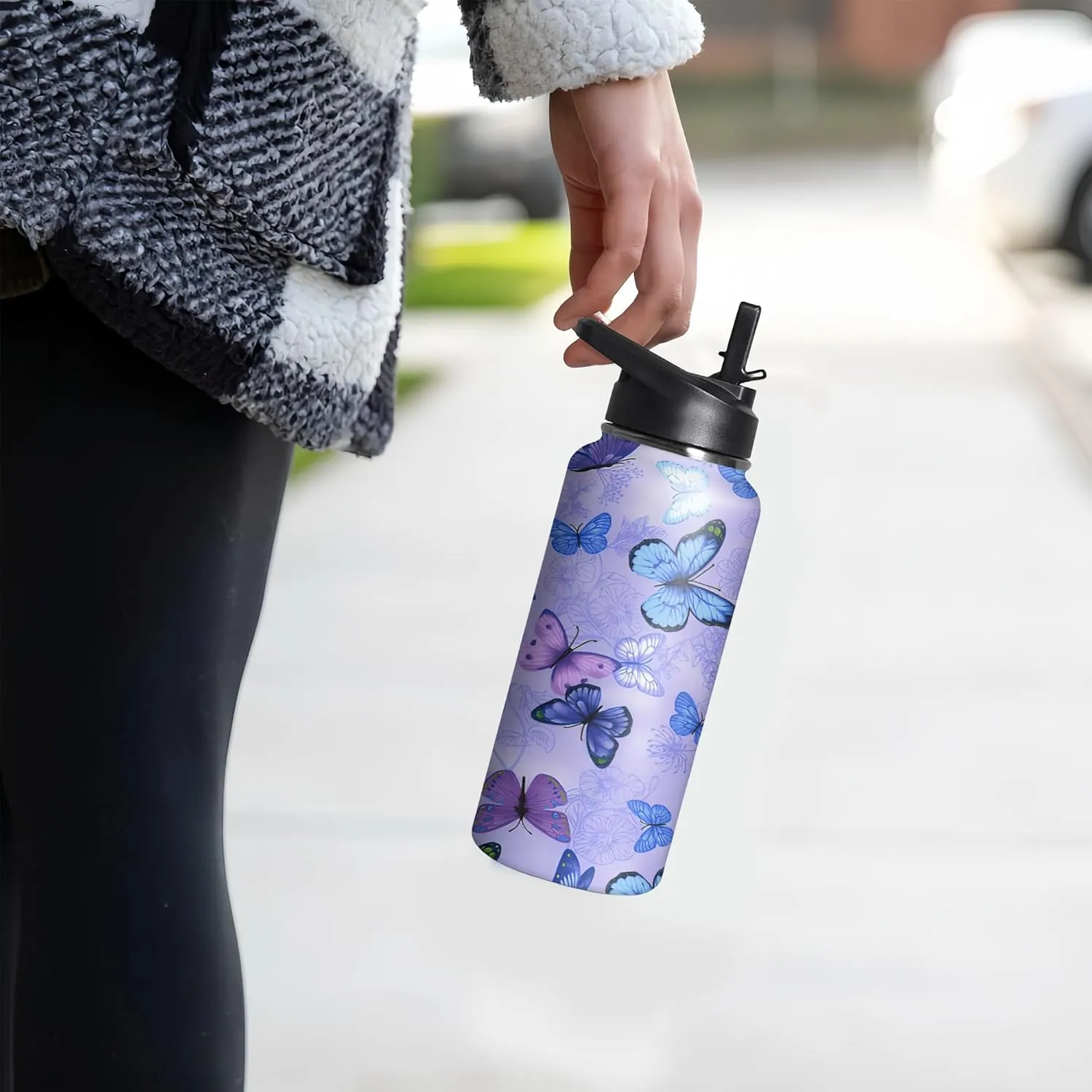 32oz Butterfly Water Bottle with Handle and Flip Straw, Floral Sports Stainless Steel Insulated Cup, Travel Coffee Mug Tumbler, Birthday Mothers Day Chritmas Gifts for Women Animal Lovers