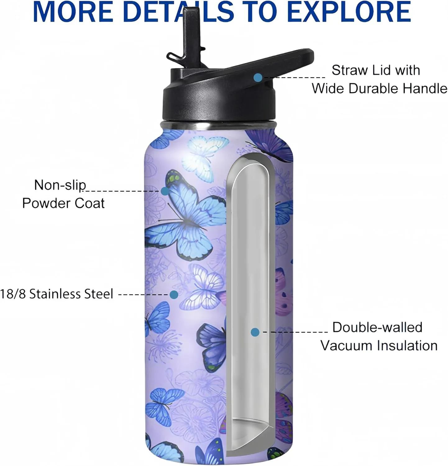 32oz Butterfly Water Bottle with Handle and Flip Straw, Floral Sports Stainless Steel Insulated Cup, Travel Coffee Mug Tumbler, Birthday Mothers Day Chritmas Gifts for Women Animal Lovers