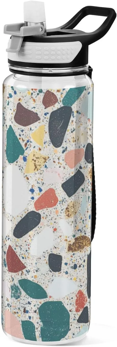 32oz Marble Colorful Water Bottle with Carry Strap Tritan BPA-Free non toxic Water Jug with Straw for Camping Collapsible