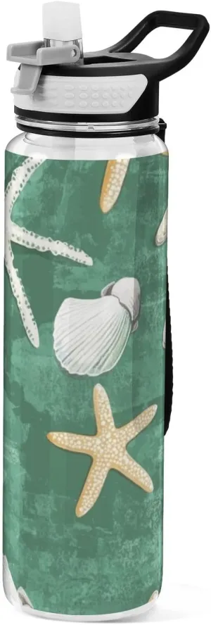 32oz Starfish Shells Grass Green Water Bottle with Straw Tritan No BPA non toxic Water Jug for Hiking Collapsible