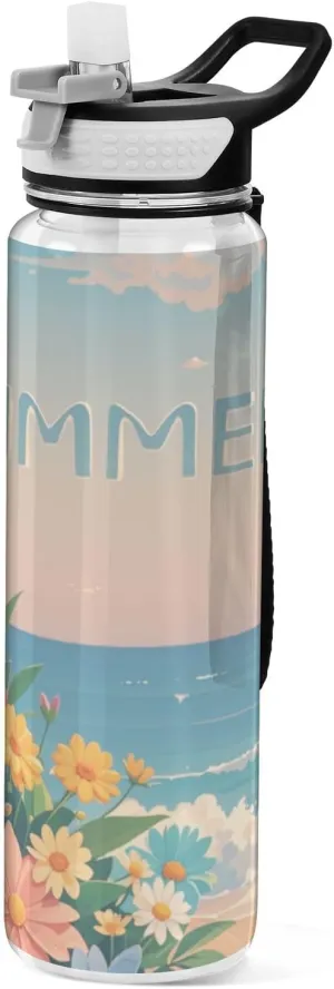32oz Summer Colored Daisies Beach Silicone Spout Water Bottle Tritan In BPA Free non toxic Water Jugs for Running Collapsible