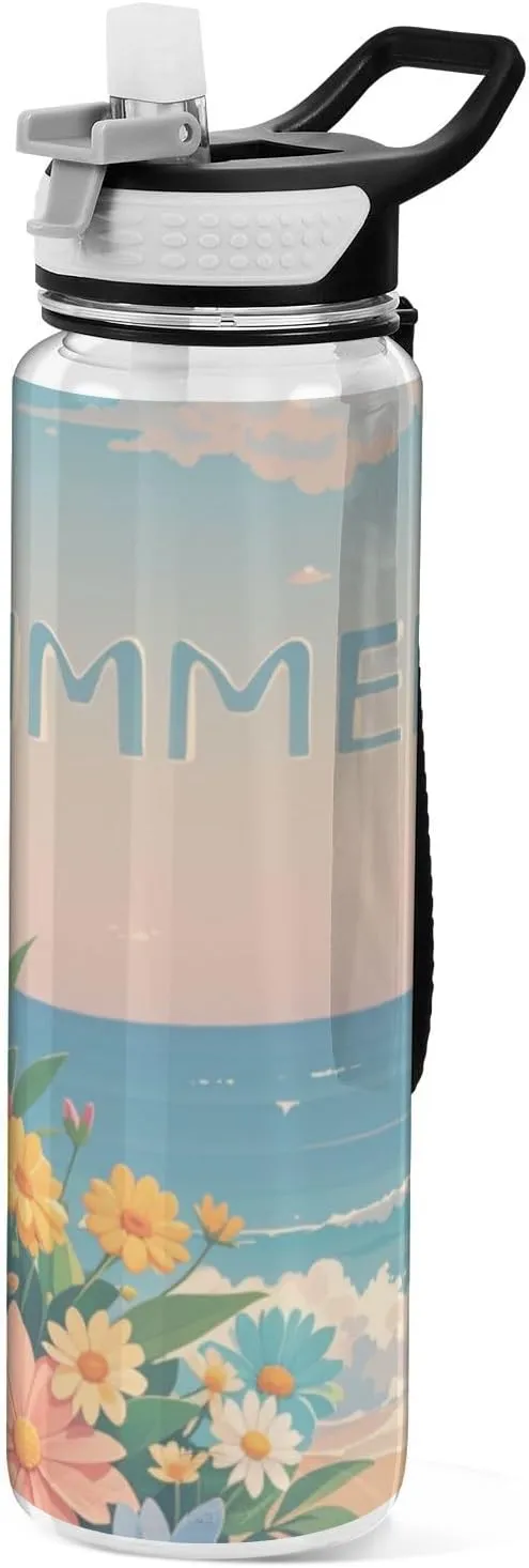 32oz Summer Colored Daisies Beach Silicone Spout Water Bottle Tritan In BPA Free non toxic Water Jugs for Running Collapsible