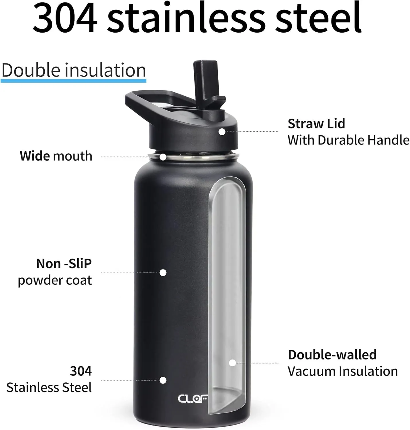32oz Vacuum Insulated Stainless Steel Water Bottles with Straw & Spout Lids, Double Wall Sport Bottle, Sweat-Proof BPA Free, Canteen Metal Thermo Mug Hydro Cup Jug (Black)
