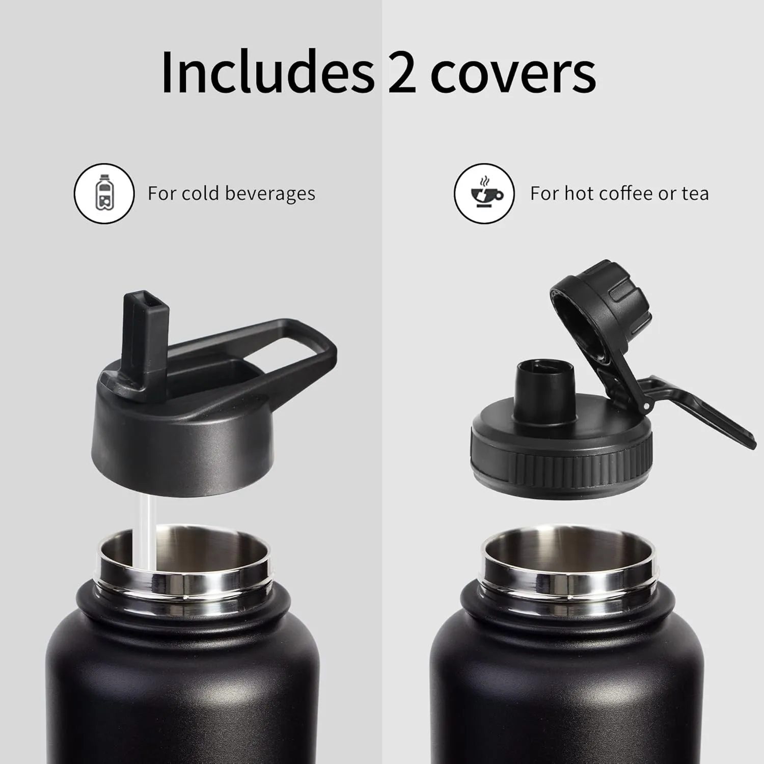 32oz Vacuum Insulated Stainless Steel Water Bottles with Straw & Spout Lids, Double Wall Sport Bottle, Sweat-Proof BPA Free, Canteen Metal Thermo Mug Hydro Cup Jug (Black)