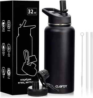 32oz Vacuum Insulated Stainless Steel Water Bottles with Straw & Spout Lids, Double Wall Sport Bottle, Sweat-Proof BPA Free, Canteen Metal Thermo Mug Hydro Cup Jug (Black)