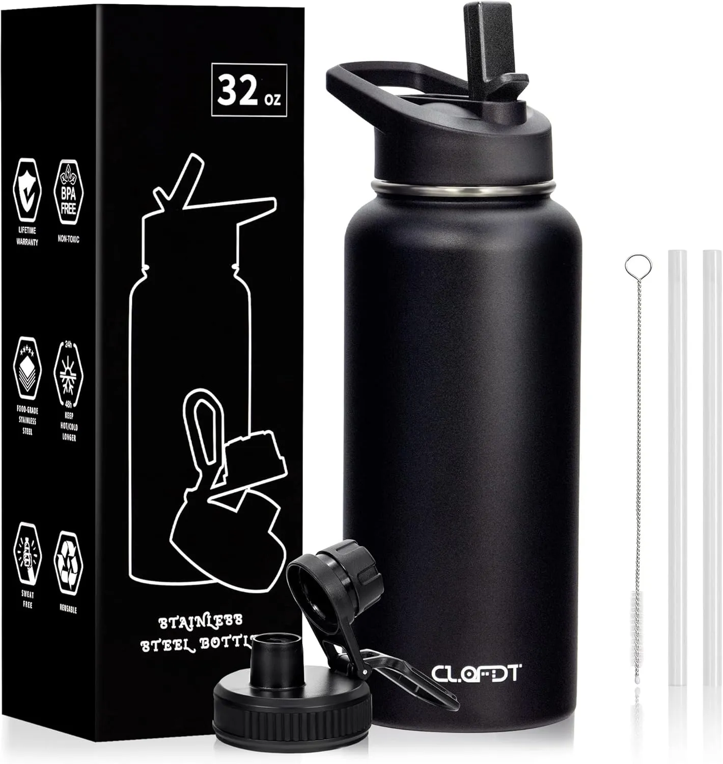 32oz Vacuum Insulated Stainless Steel Water Bottles with Straw & Spout Lids, Double Wall Sport Bottle, Sweat-Proof BPA Free, Canteen Metal Thermo Mug Hydro Cup Jug (Black)