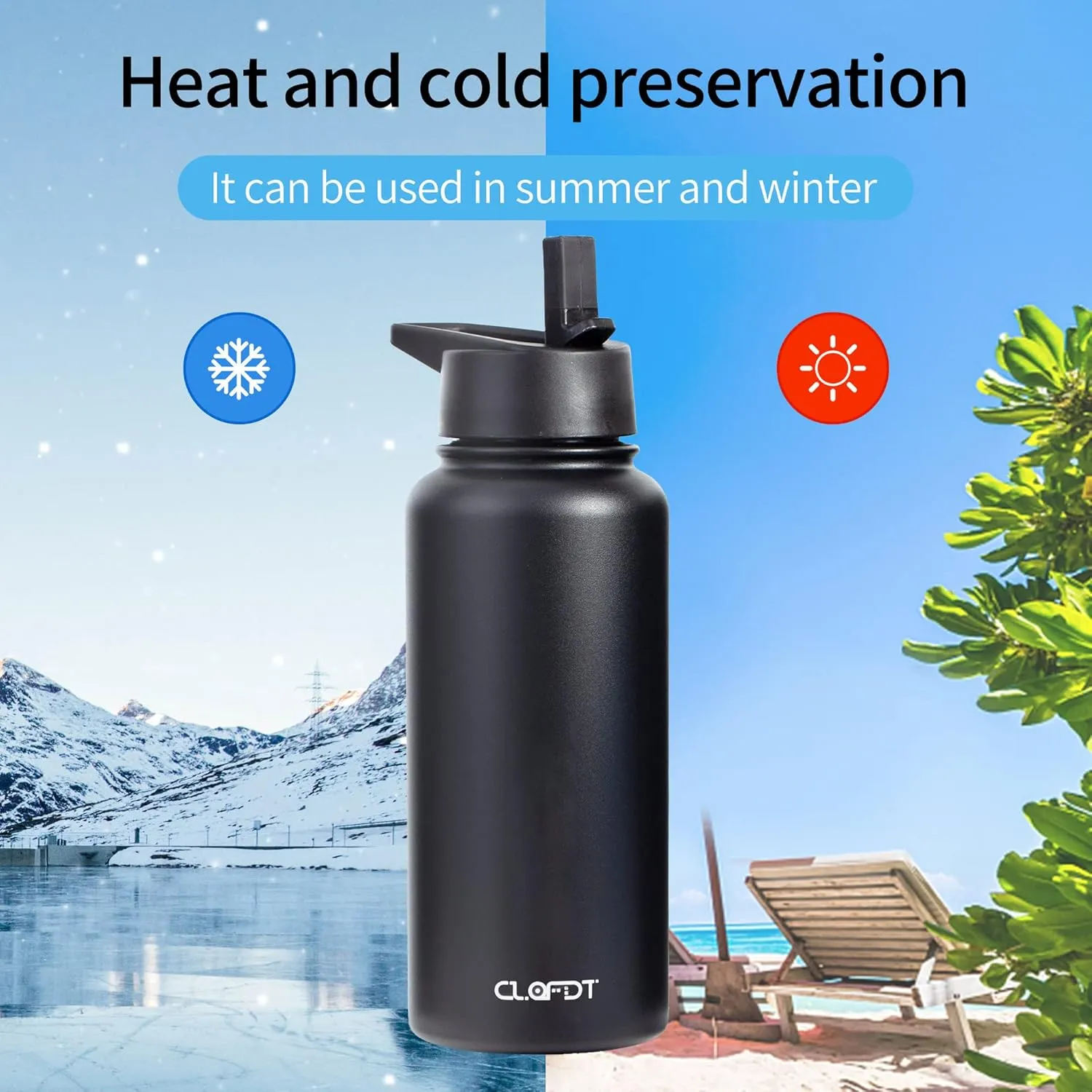 32oz Vacuum Insulated Stainless Steel Water Bottles with Straw & Spout Lids, Double Wall Sport Bottle, Sweat-Proof BPA Free, Canteen Metal Thermo Mug Hydro Cup Jug (Black)