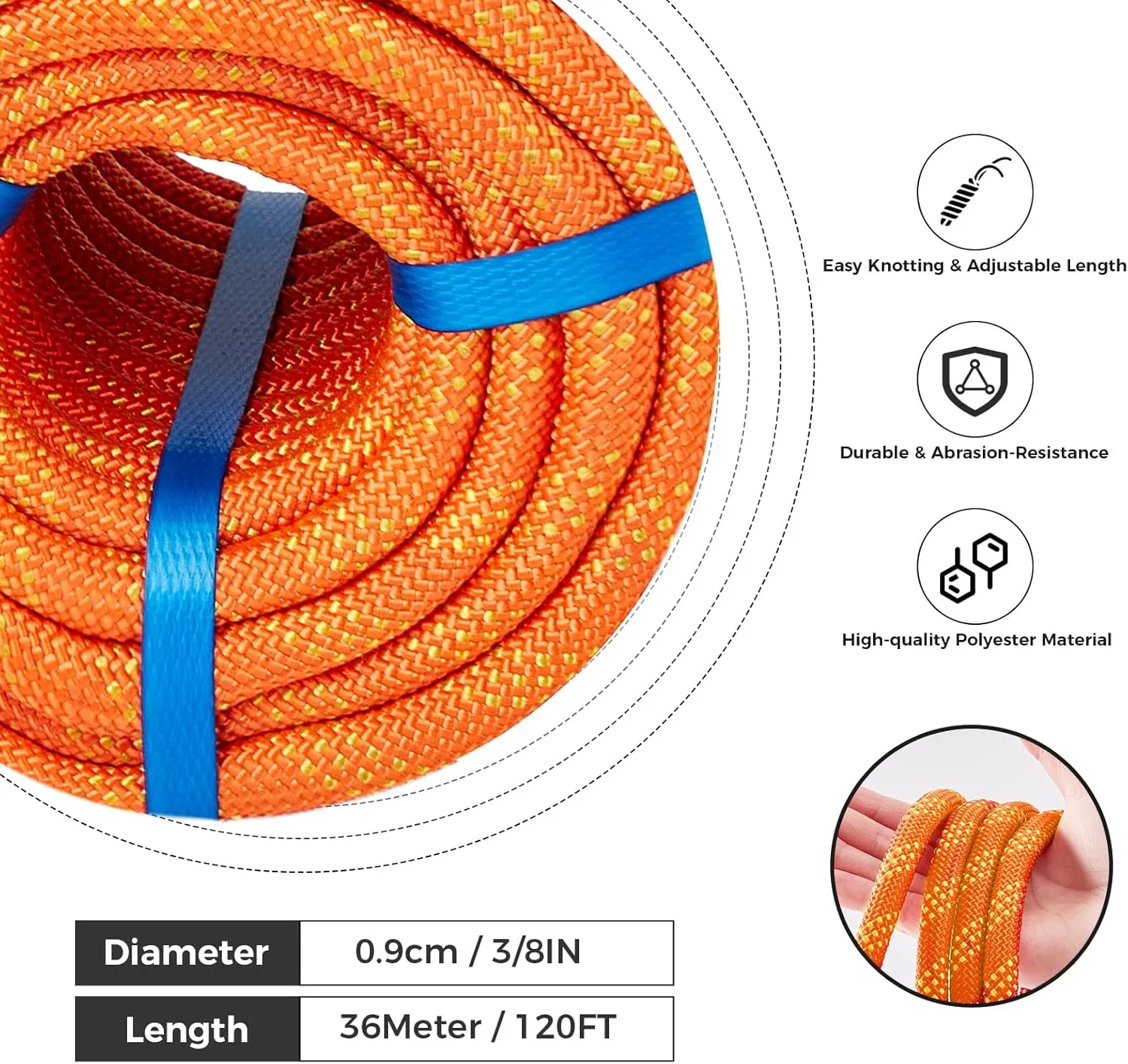 3/8 Inch 120ft Double Braided Polyester Arborist Rope, Heavy Duty Nylon Rope for Anchor, Tree Work, Cargo, Pulling, Sailing(Orange)
