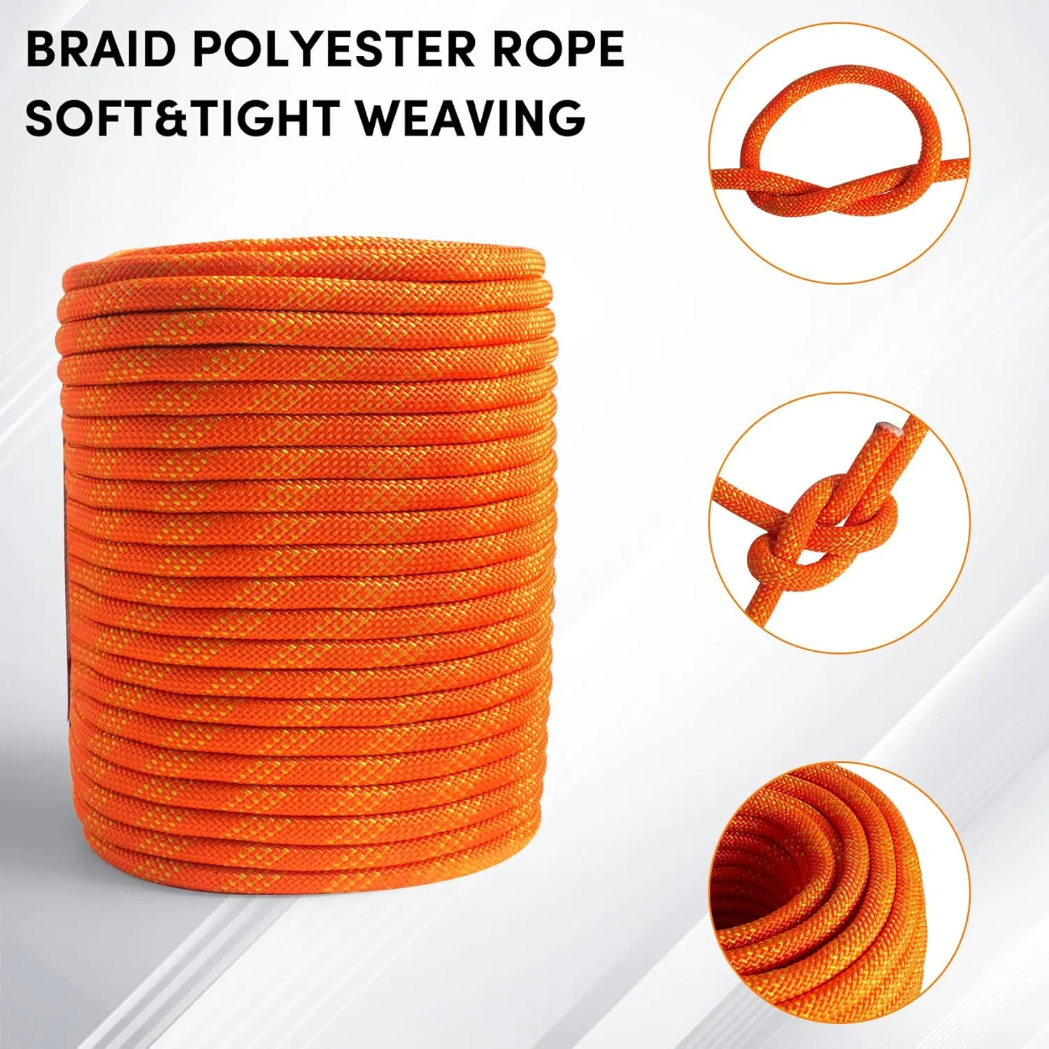 3/8 inch x 164 ft Braid Polyester Rope,Arborist Rigging Rope 3520lbs Breaking Strength Strong Pulling for Climbing,Camping,Sailing,Swings, etc. (Orange)