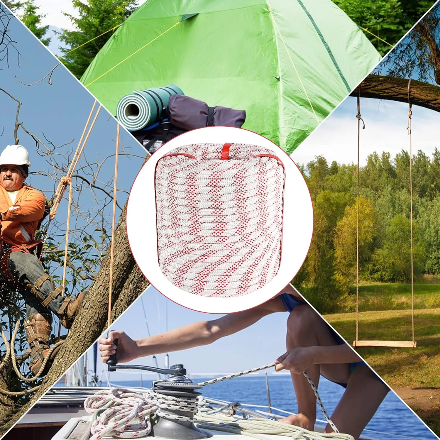 3/8 inch x 164 ft Braid Polyester Rope,Arborist Rigging Rope 3520lbs Breaking Strength Strong Pulling for Climbing,Camping,Sailing,Swings, etc. (White-Red)