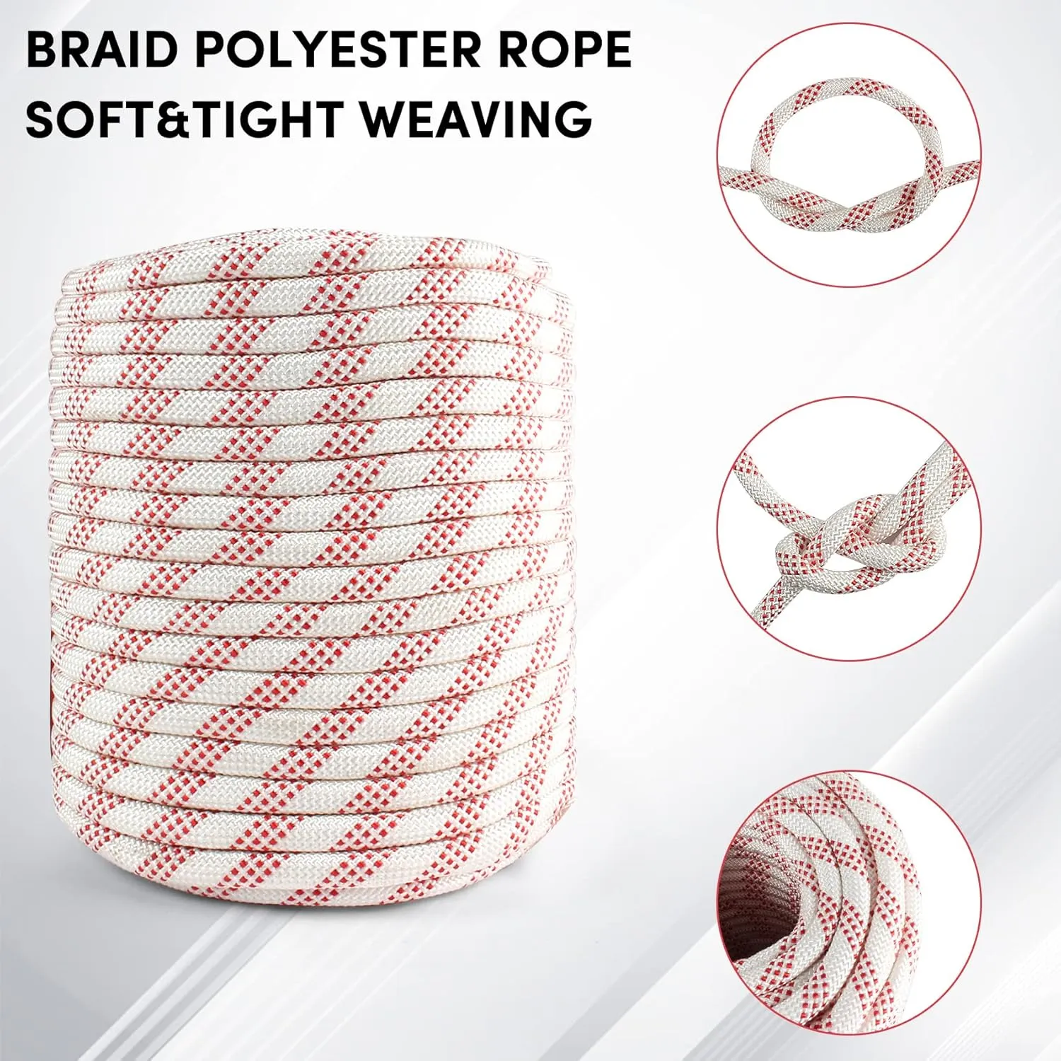 3/8 inch x 164 ft Braid Polyester Rope,Arborist Rigging Rope 3520lbs Breaking Strength Strong Pulling for Climbing,Camping,Sailing,Swings, etc. (White-Red)