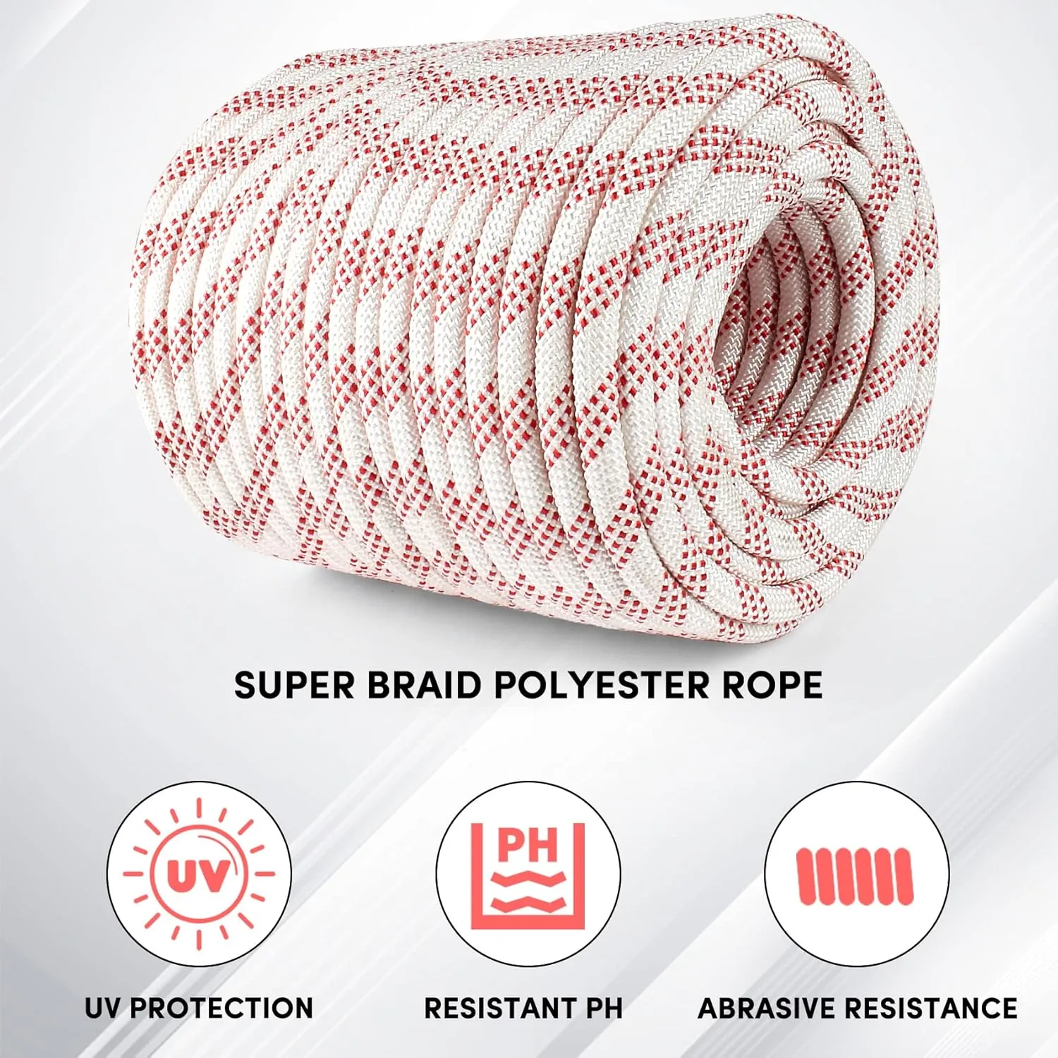 3/8 inch x 164 ft Braid Polyester Rope,Arborist Rigging Rope 3520lbs Breaking Strength Strong Pulling for Climbing,Camping,Sailing,Swings, etc. (White-Red)