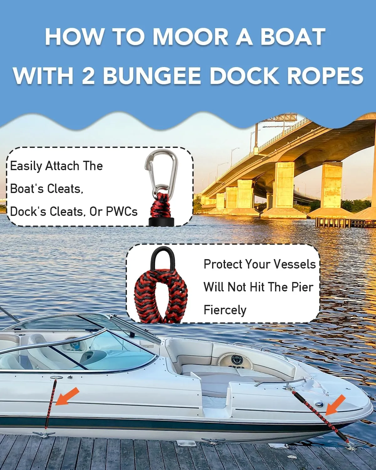 3Feet Bungee Dock Lines 2 Clips Heavy Duty 316 Stainless Steel Clips 2PCS (Red&Black, 3 Feet)