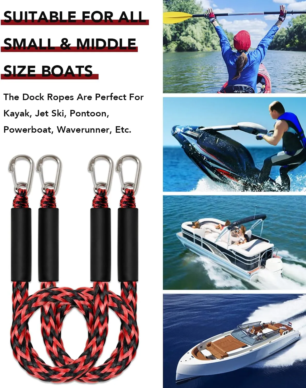 3Feet Bungee Dock Lines 2 Clips Heavy Duty 316 Stainless Steel Clips 2PCS (Red&Black, 3 Feet)