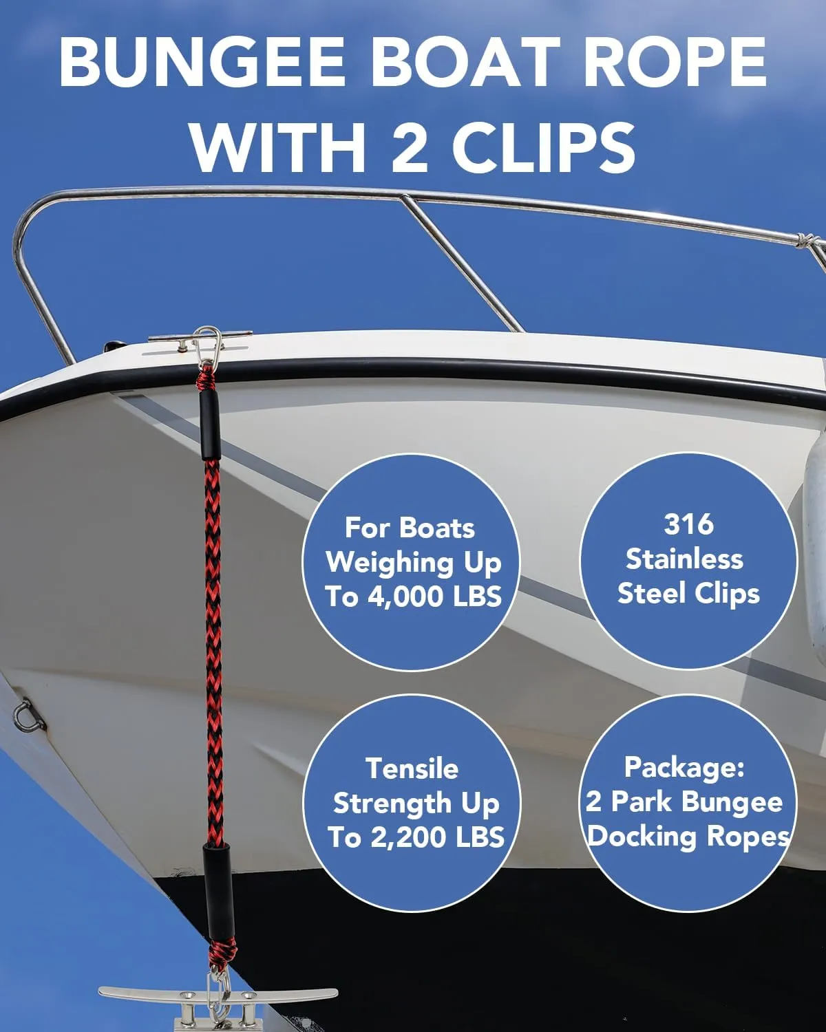 3Feet Bungee Dock Lines 2 Clips Heavy Duty 316 Stainless Steel Clips 2PCS (Red&Black, 3 Feet)