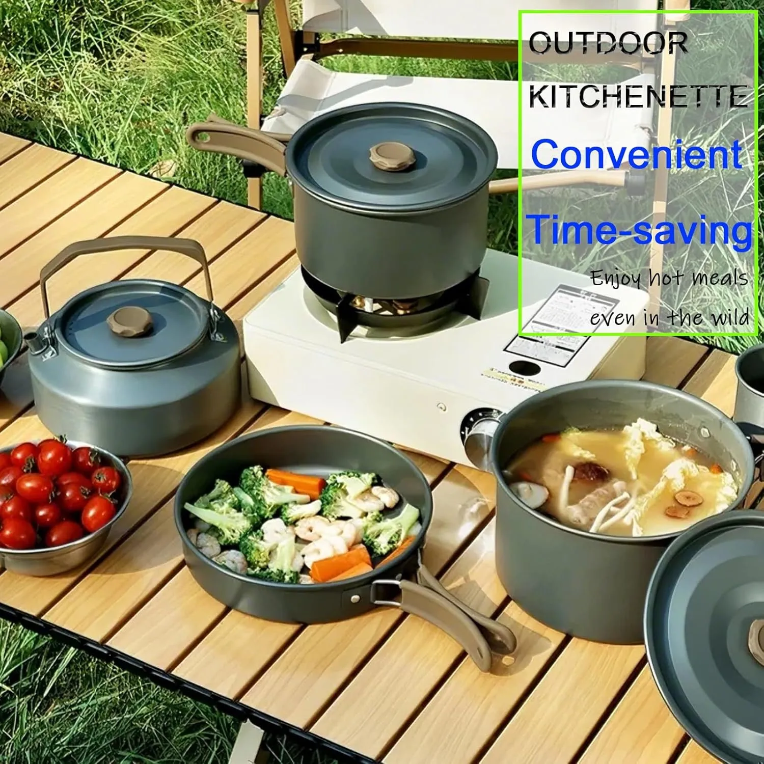 3L Large Capacity Outdoor Camping Pot, Multifunctional Foldable Frying Pan, Five-in-one Portable Aluminum Alloy Cookware Set
