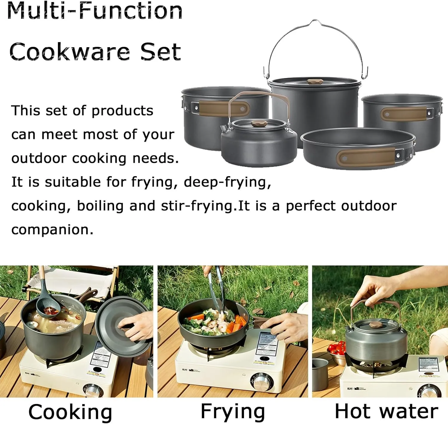3L Large Capacity Outdoor Camping Pot, Multifunctional Foldable Frying Pan, Five-in-one Portable Aluminum Alloy Cookware Set