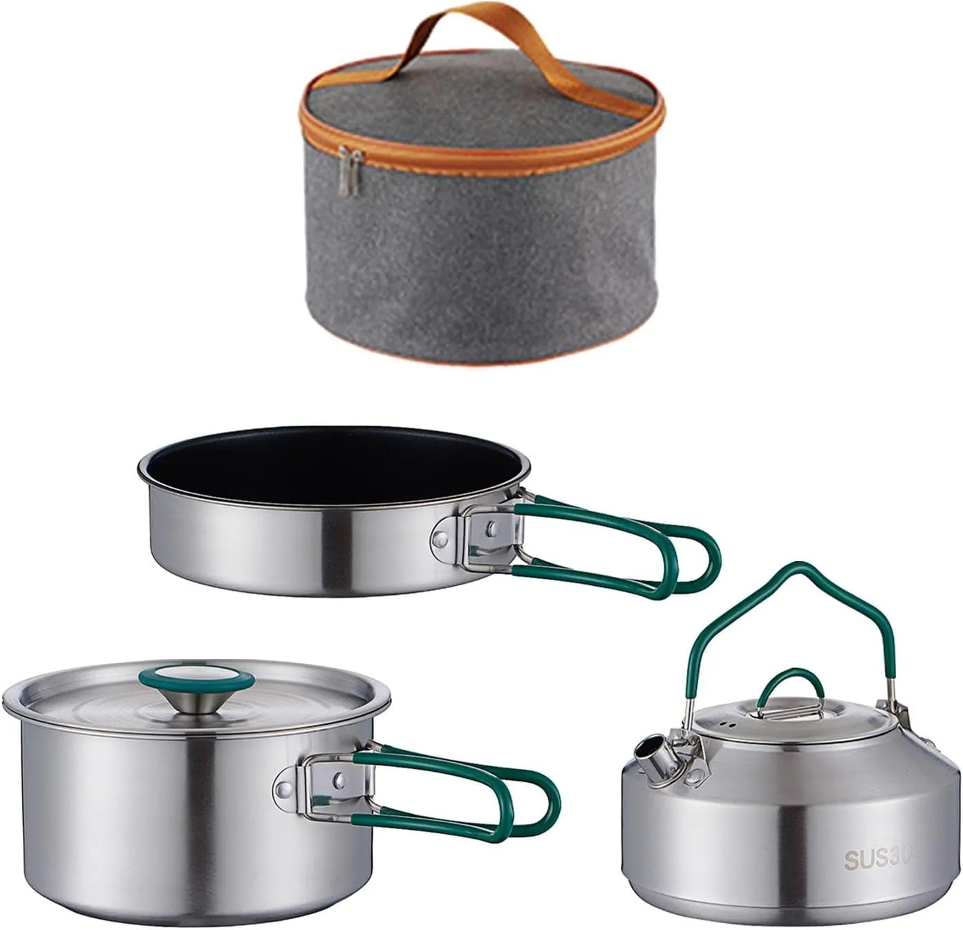 3Pcs Portable Cooking Set for Camping with Carry Bag, Includes Pot, Pan, and Kettle for Outdoor Use