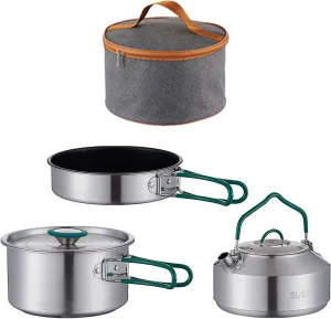 3Pcs Portable Cooking Set for Camping with Carry Bag, Includes Pot, Pan, and Kettle for Outdoor Use