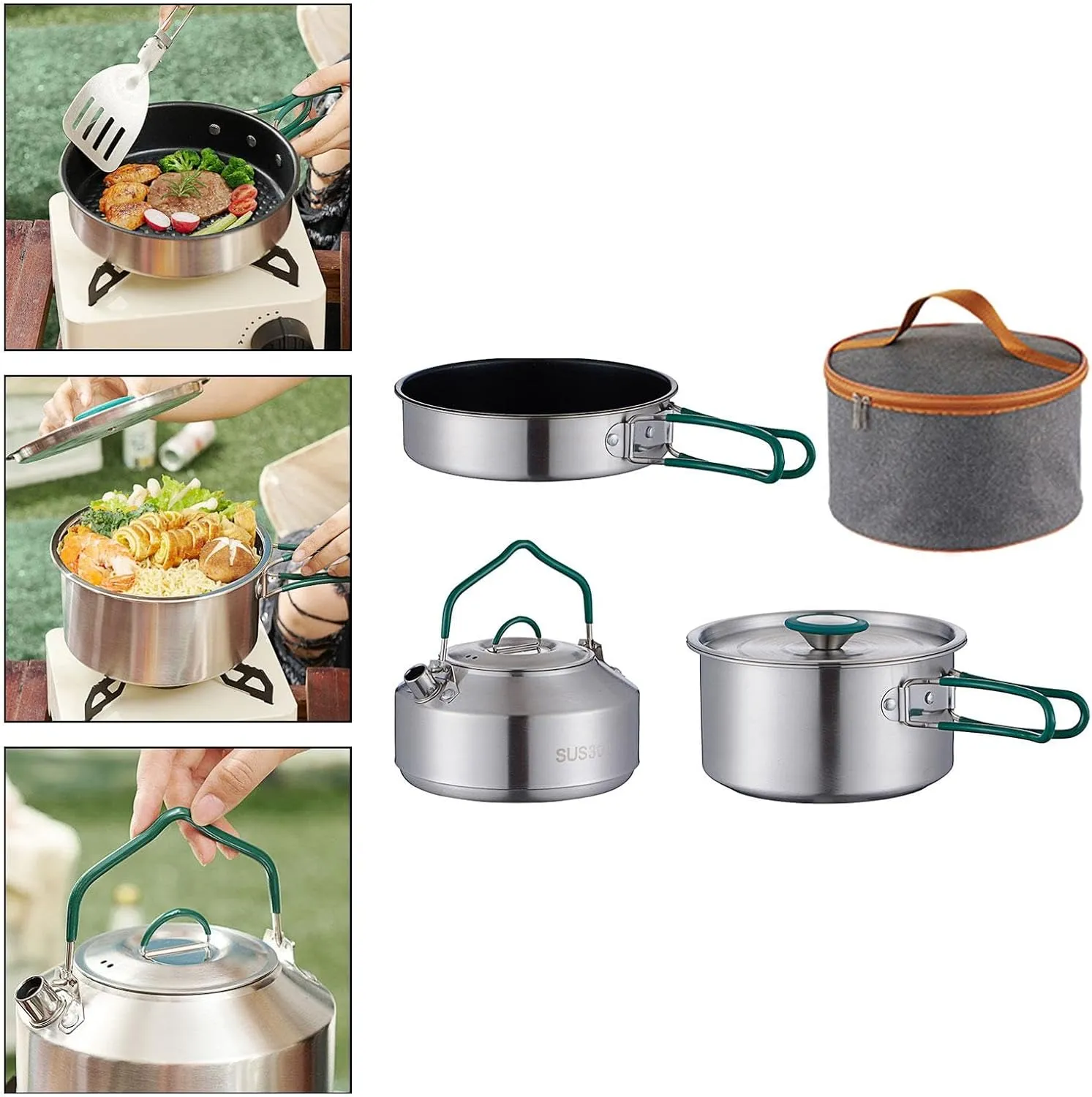3Pcs Portable Cooking Set for Camping with Carry Bag, Includes Pot, Pan, and Kettle for Outdoor Use