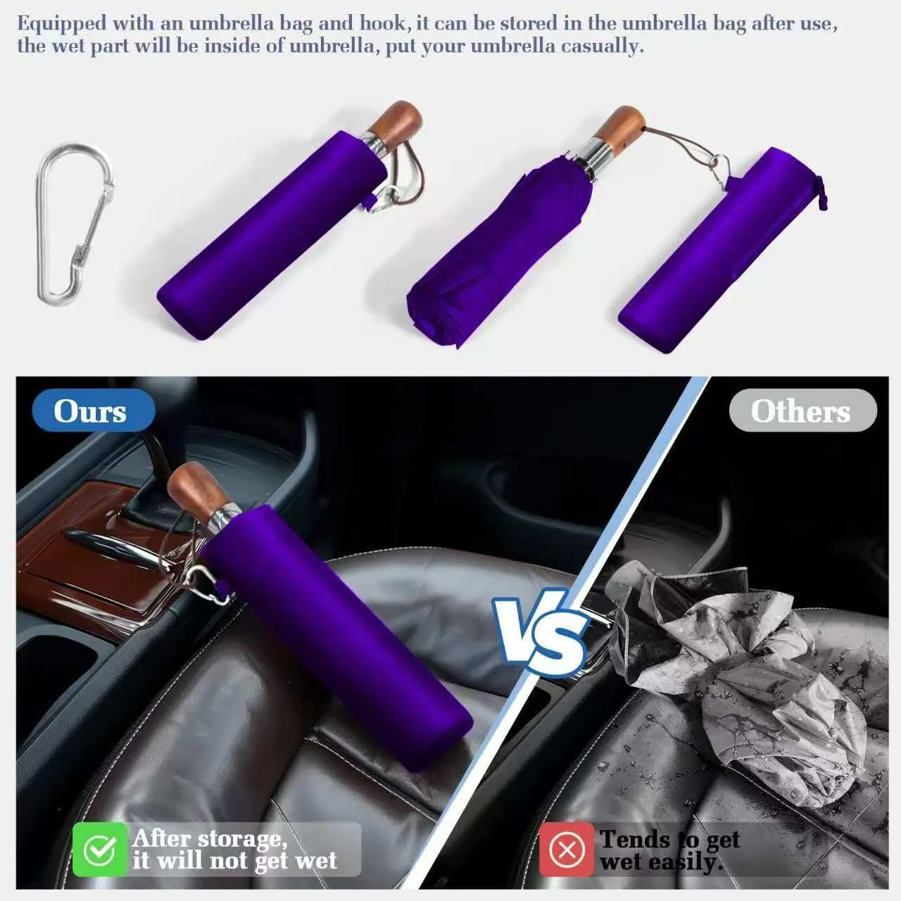 3T Wind Armor Travel Umbrella Compact Easy Auto Open Close Folding Umbrellas for Rain Windproof Umbrella for Women and Men Durable Real Wood Handle Portable Fits Backpack Car