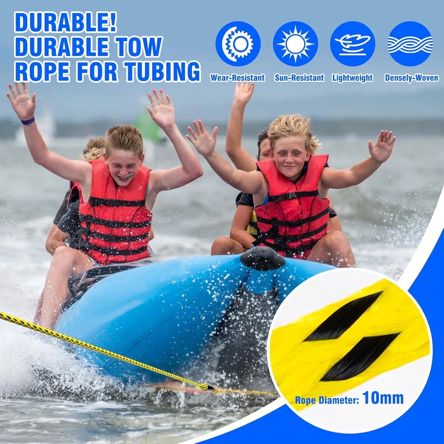 4-6K 60FT Boat Tow Rope for Tubing, Fits 1-4 Person Towable Tubes Boating, Heavy-Duty Floating Tube Tow Rope for Watersports