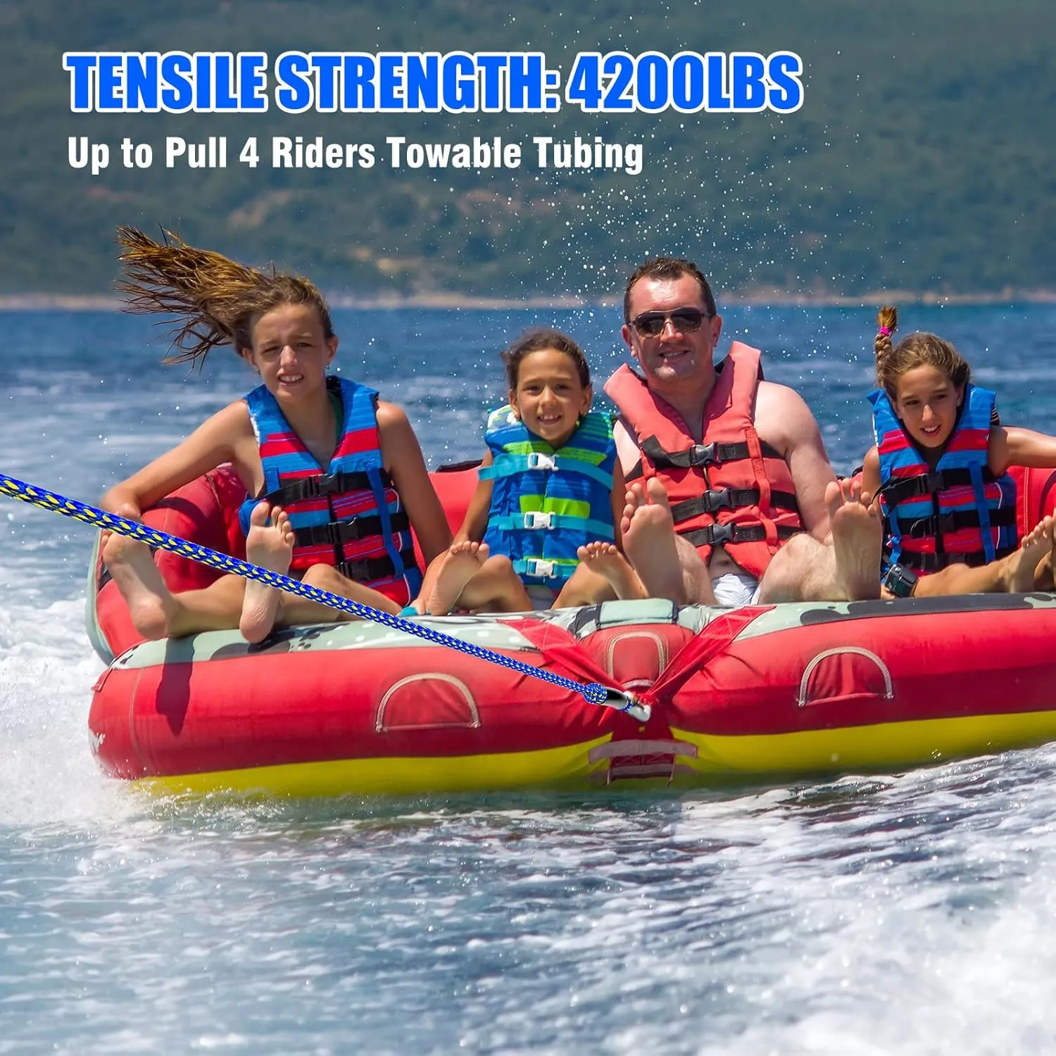 4-6K 60FT Boat Tow Rope for Tubing, Fits 1-4 Person Towable Tubes Boating, Heavy-Duty Floating Tube Tow Rope for Watersports