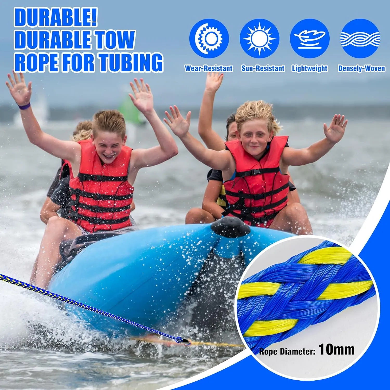 4-6K 60FT Boat Tow Rope for Tubing, Fits 1-4 Person Towable Tubes Boating, Heavy-Duty Floating Tube Tow Rope for Watersports