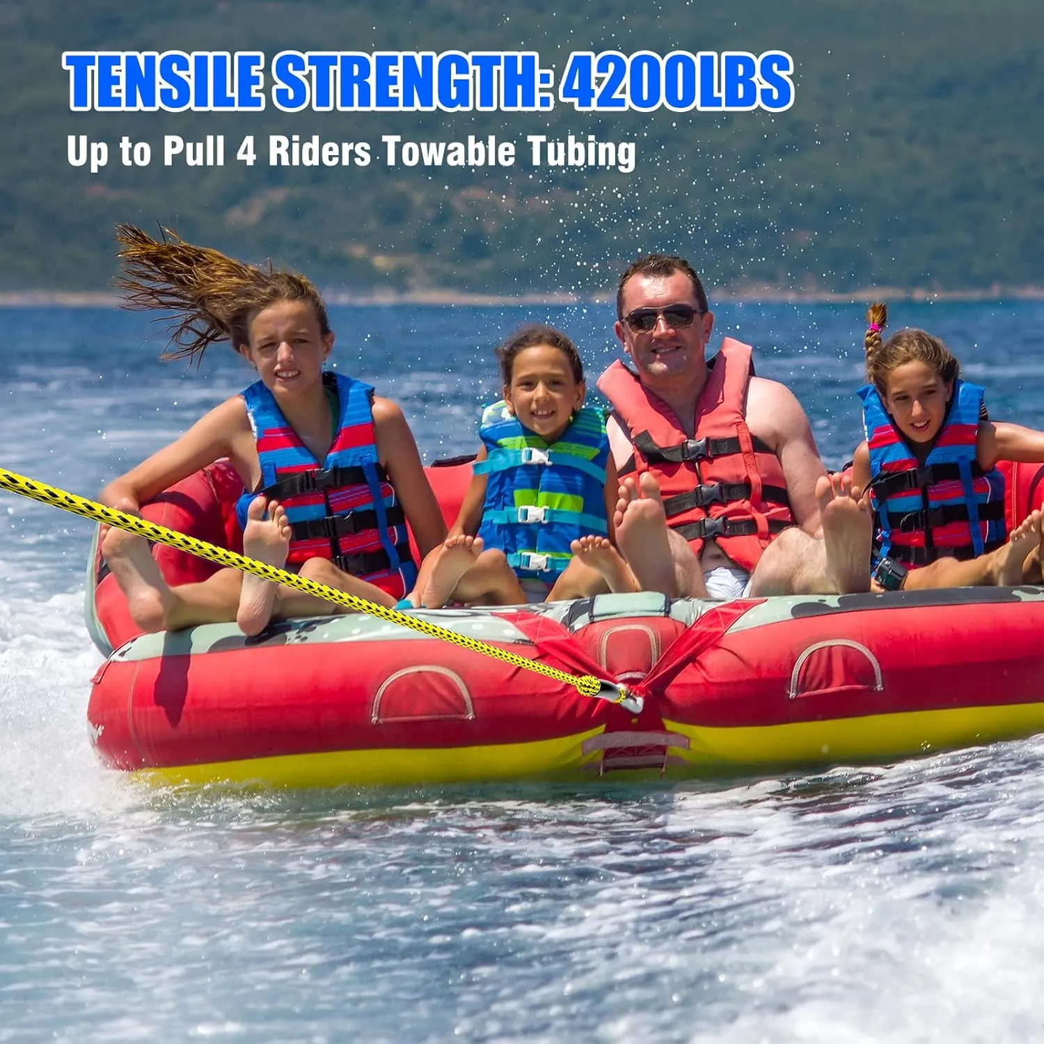4-6K 60FT Boat Tow Rope for Tubing, Fits 1-4 Person Towable Tubes Boating, Heavy-Duty Floating Tube Tow Rope for Watersports