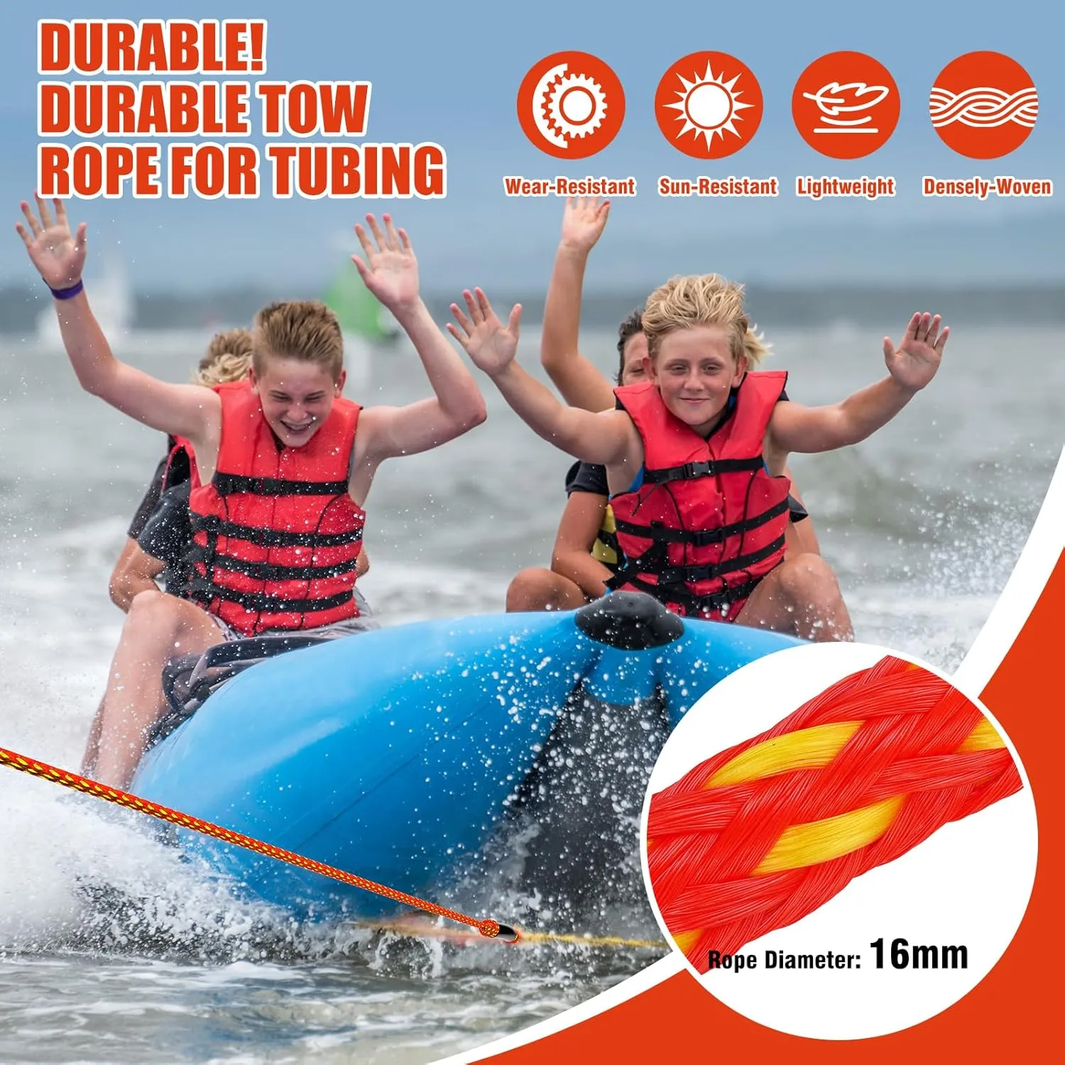 4-6K 60FT Boat Tow Rope for Tubing, Fits 1-4 Person Towable Tubes Boating, Heavy-Duty Floating Tube Tow Rope for Watersports