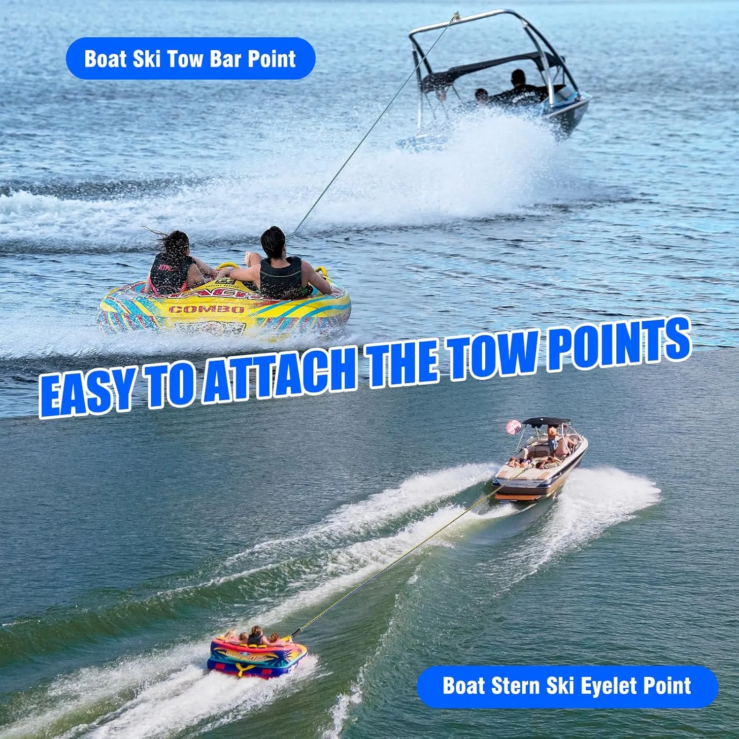 4-6K 60FT Boat Tow Rope for Tubing, Fits 1-4 Person Towable Tubes Boating, Heavy-Duty Floating Tube Tow Rope for Watersports