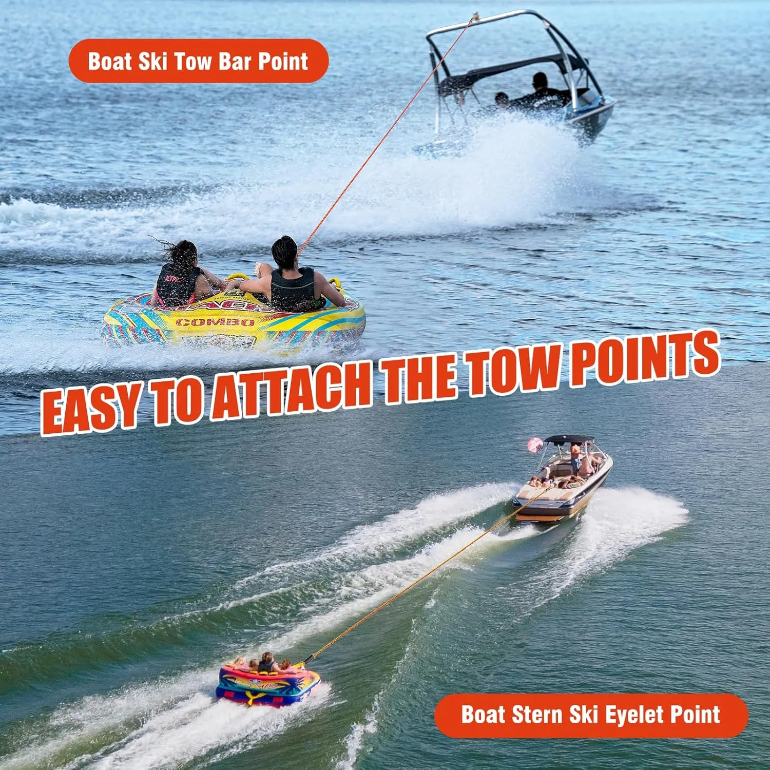 4-6K 60FT Boat Tow Rope for Tubing, Fits 1-4 Person Towable Tubes Boating, Heavy-Duty Floating Tube Tow Rope for Watersports
