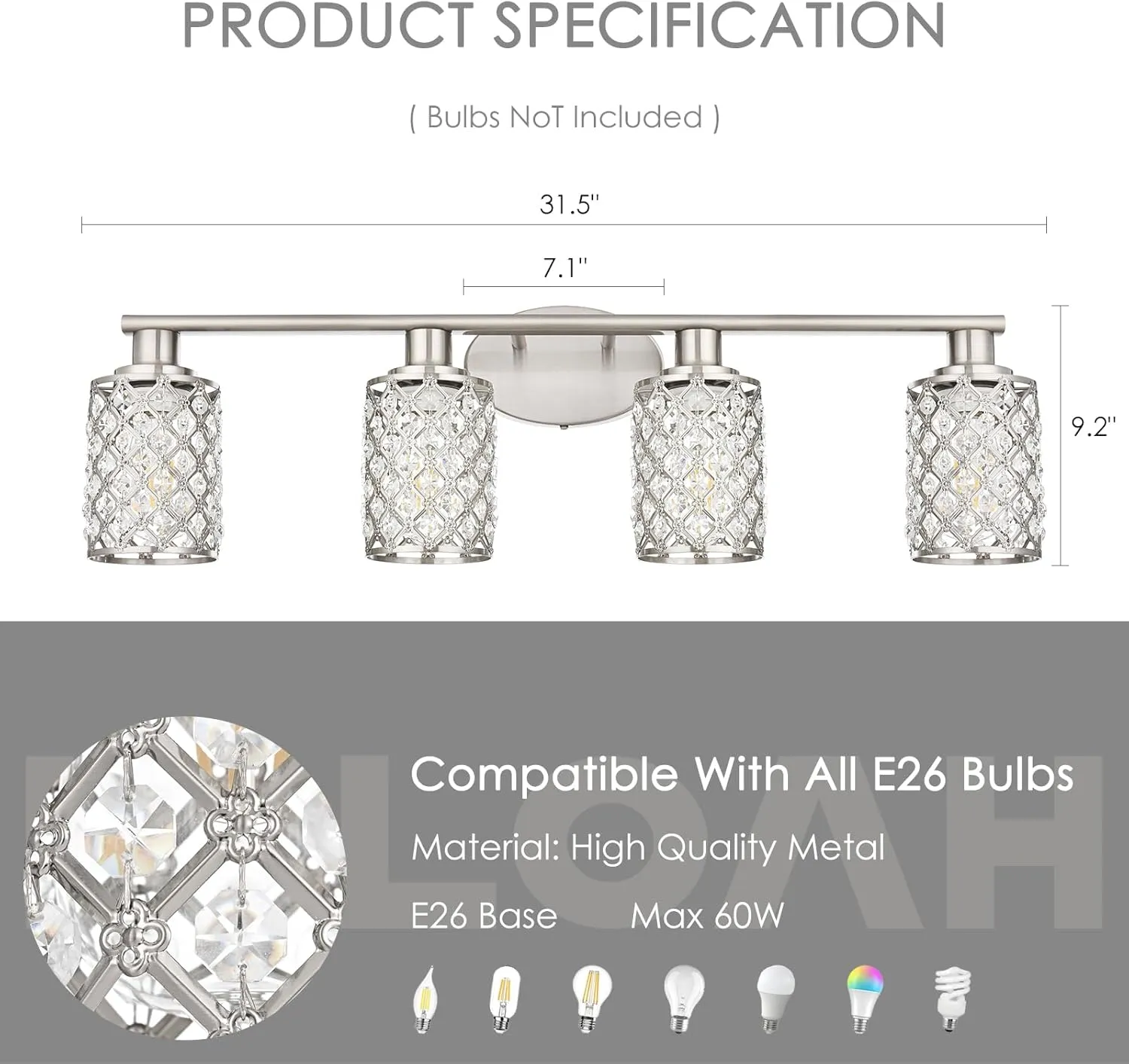 4 Light Bathroom Light Fixtures, Modern Farmhouse Vanity Light,Brushed Nickel Bathroom Lights Over Mirror,Crystal Vanity Lighting Fixtures for Bathroom,Powder Room