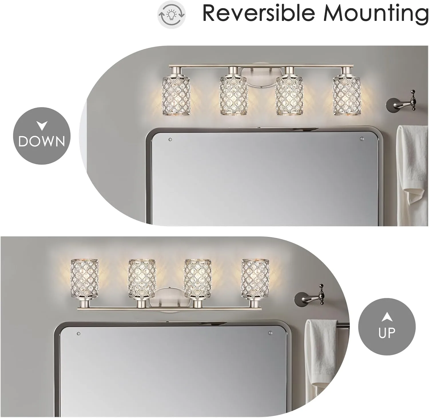 4 Light Bathroom Light Fixtures, Modern Farmhouse Vanity Light,Brushed Nickel Bathroom Lights Over Mirror,Crystal Vanity Lighting Fixtures for Bathroom,Powder Room