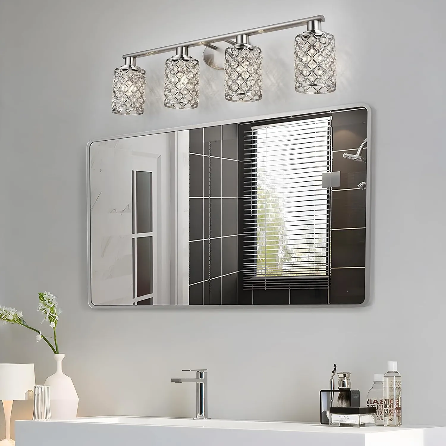 4 Light Bathroom Light Fixtures, Modern Farmhouse Vanity Light,Brushed Nickel Bathroom Lights Over Mirror,Crystal Vanity Lighting Fixtures for Bathroom,Powder Room